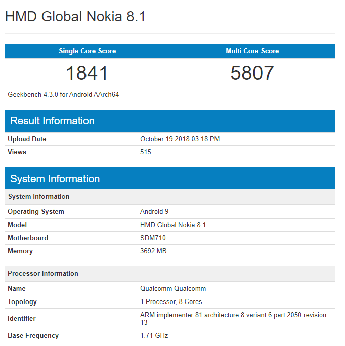 Hmd Global Nokia 8.1 Geekbench