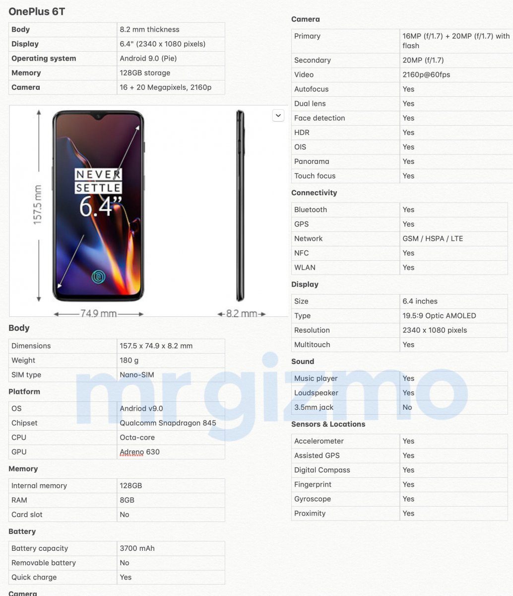 Oneplus 6t Specs Leak