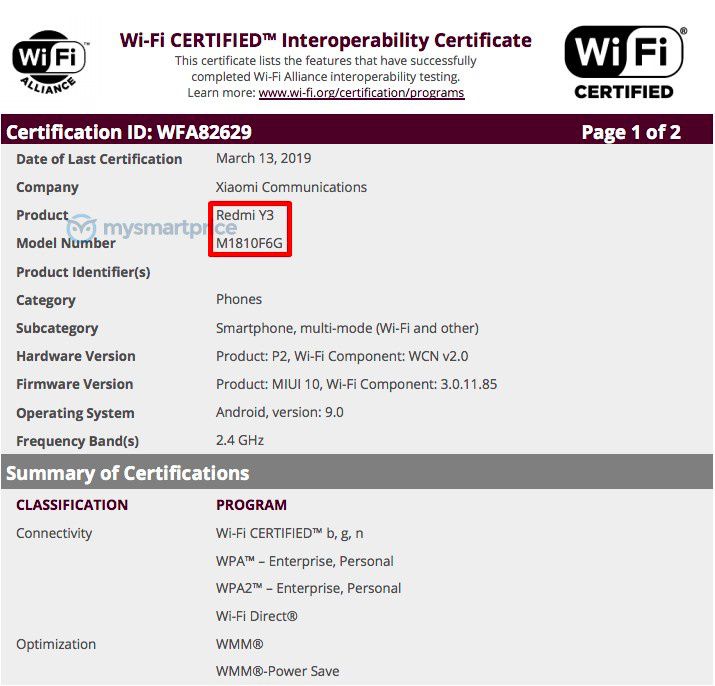 Redmi Y3 M1810f6g Wi Fi Certification