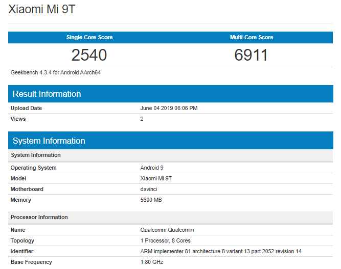 Xiaomi Mi 9t Geekbench