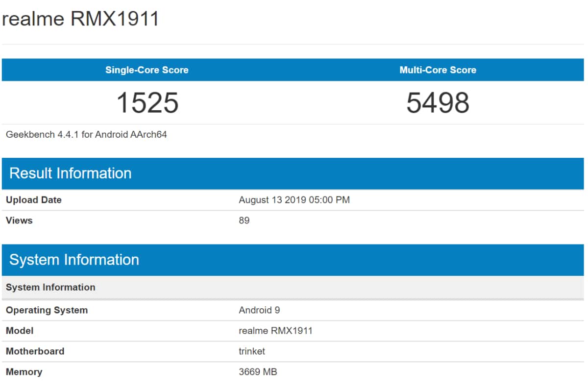 Realme 5 Geekbench Listing