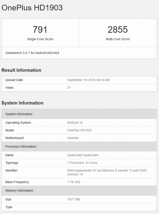 Oneplus 7t Geekbench