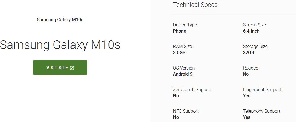 Samsung Galaxy M10s Android Enterprise