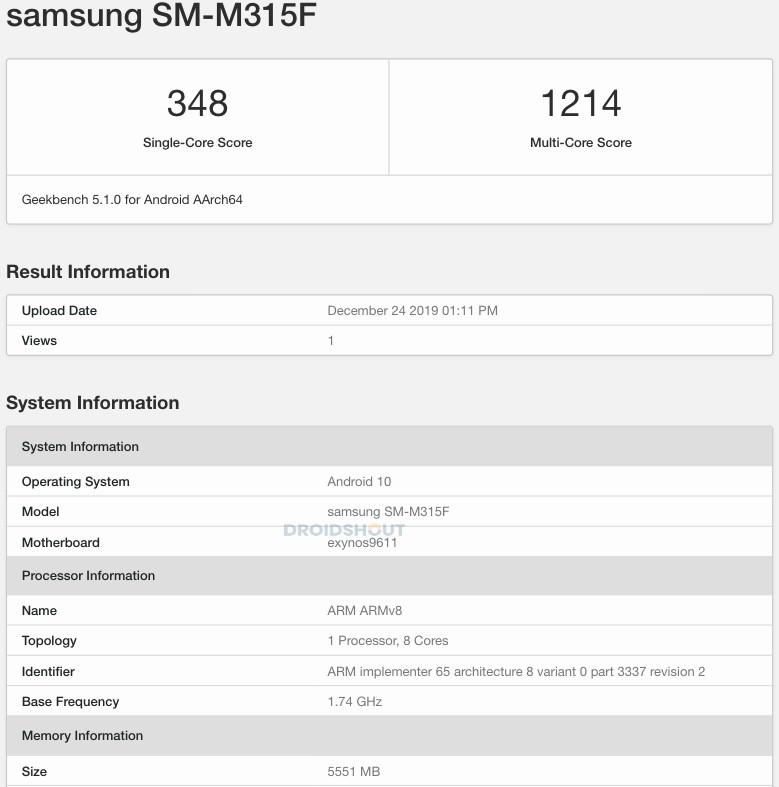 Samsung Galaxy M31 Geekbench Database