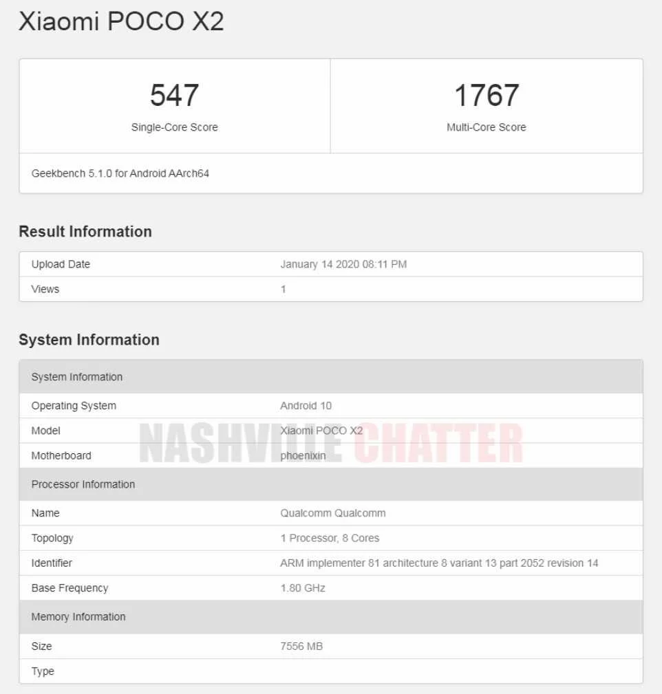 Xiaomi Poco X2 Geekbench