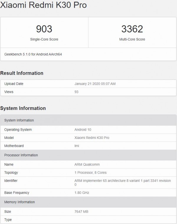 Redmi K30 Pro Geekbench