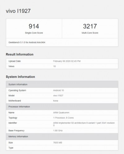 Iqoo 3 Geekbench