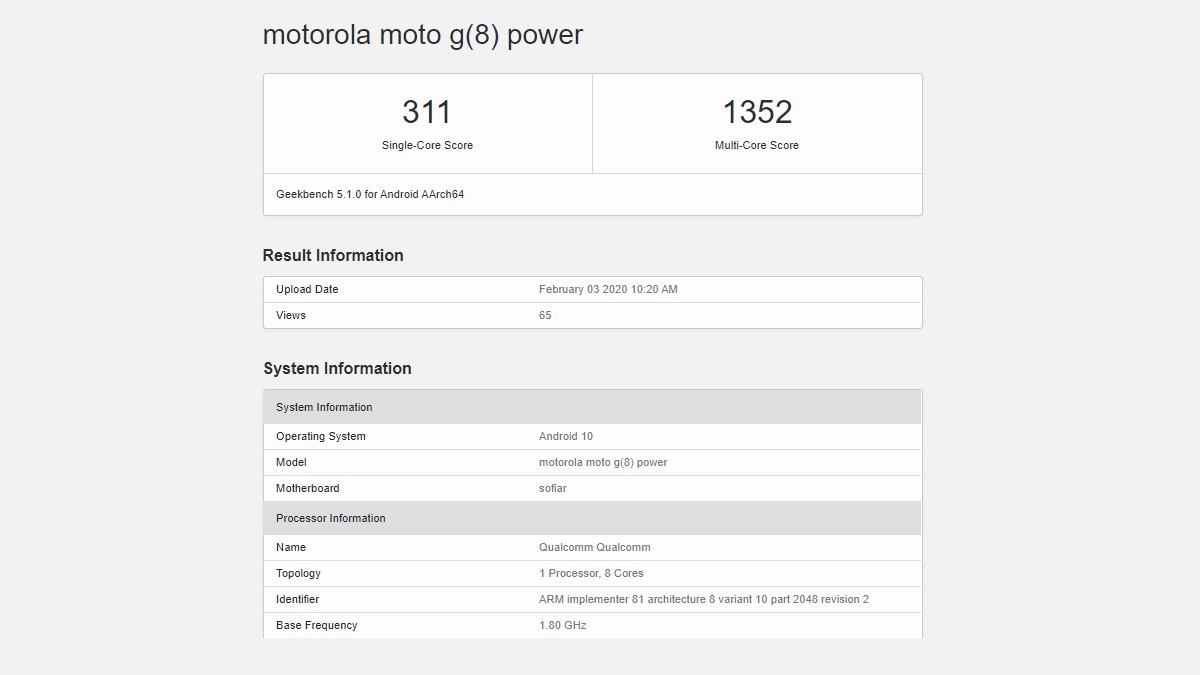 Moto G8 Power Geekbench