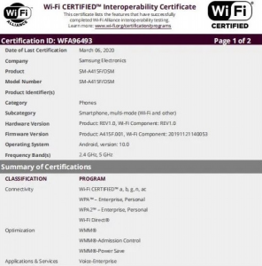 Galaxy A41 Wifi Certification