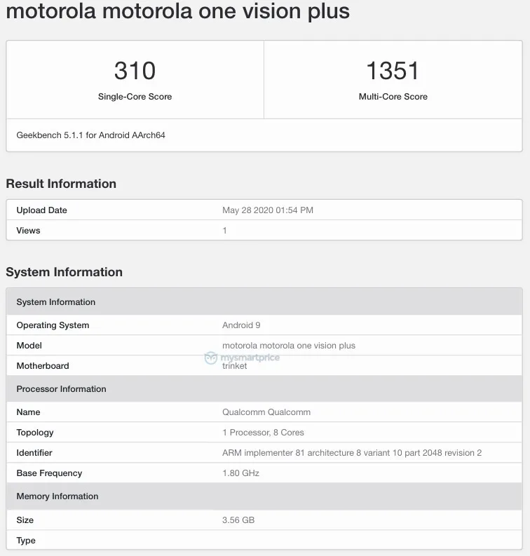 Motorola One Vision Plus Listing On Geekbench