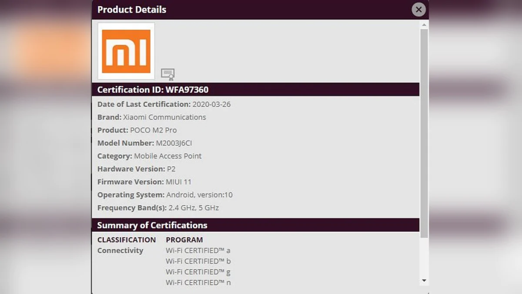 Poco M2 Pro Blietooth Wifi Listing