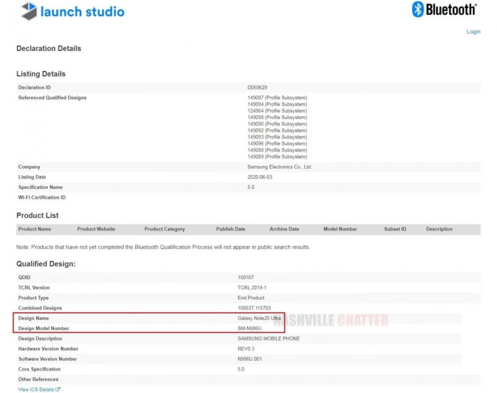 Samsung Galaxy Note 20 Ultra Bluetooth Sig