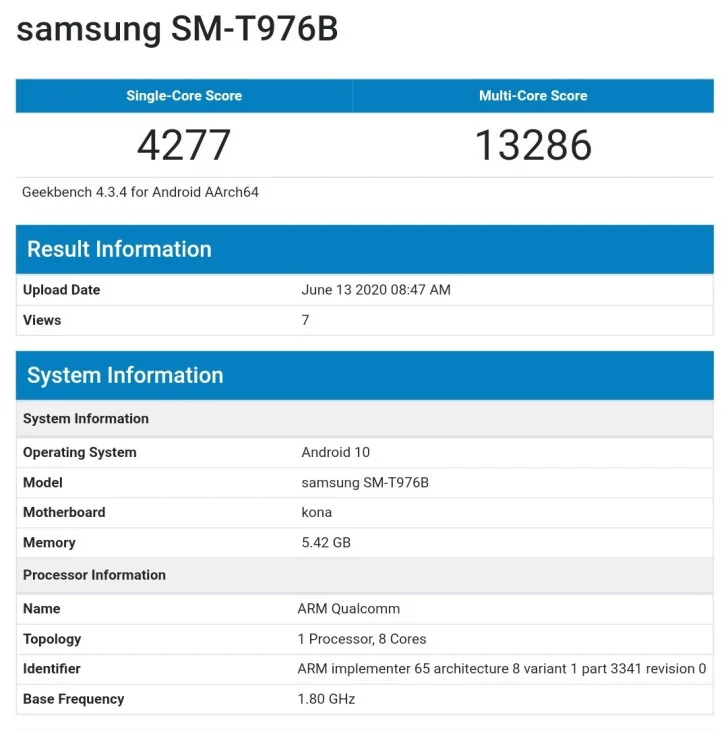 Samsung Galaxy Tab S7+ Geekbench
