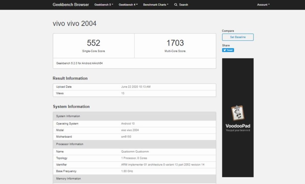 Vivo '2004' Phone Spotted On Geekbench