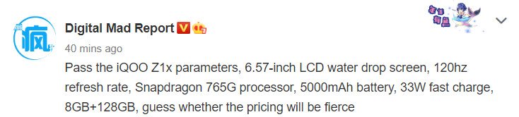 Iqoo Z1x Key Specifications Leaked