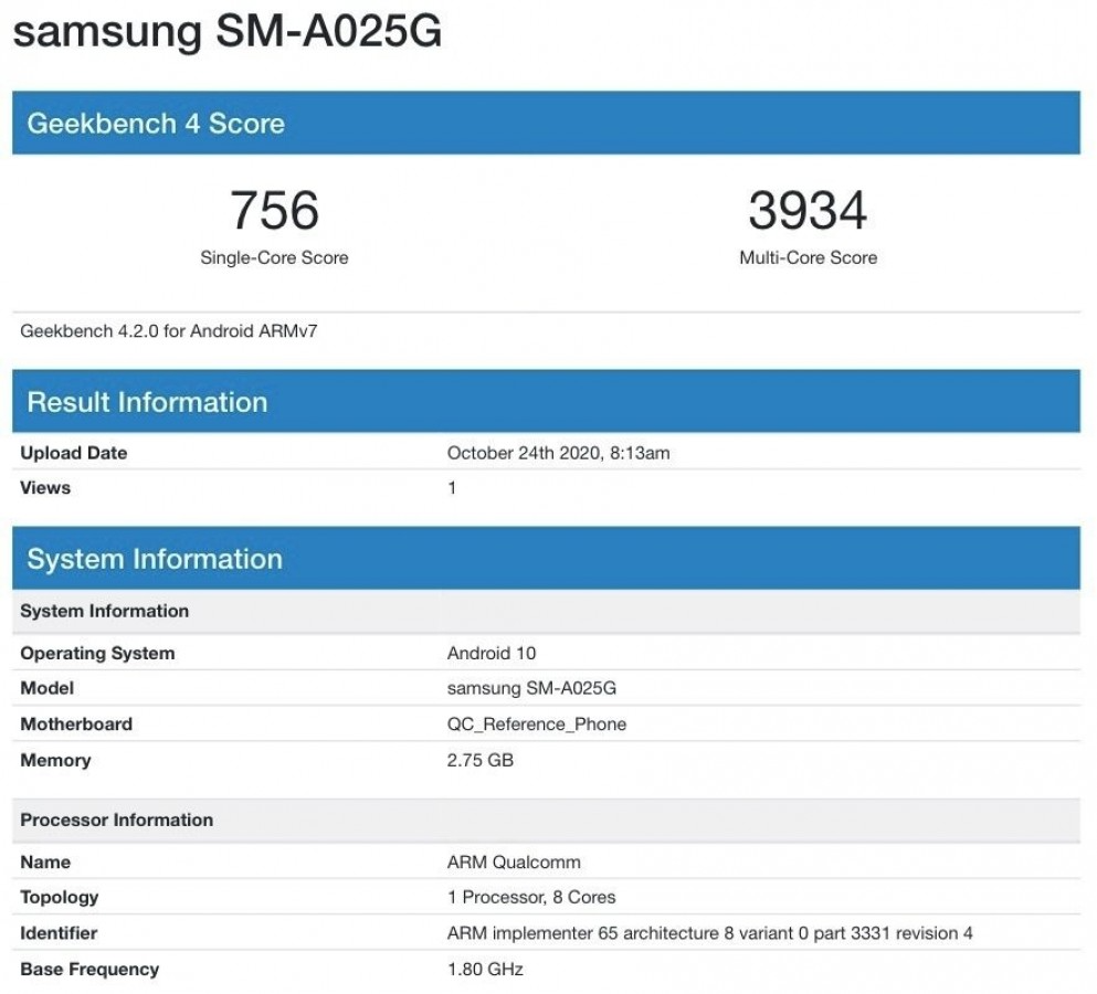 Samsung Galaxy A02s Geekbench Listing