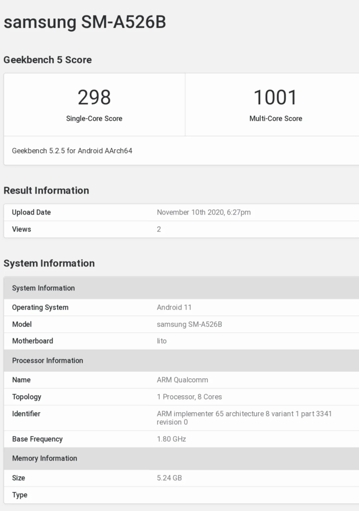 Samsung Galaxy A52 5g Geekbench