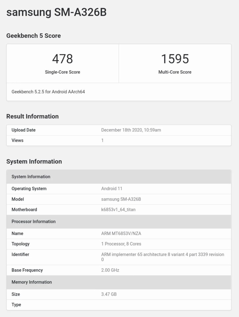 Samsung Galaxy A32 5g Geekbench