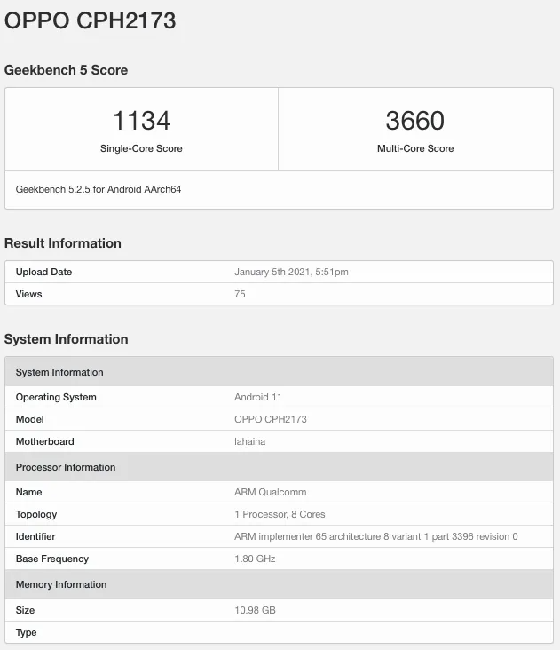 Oppo Find X3 Specifications Geekbench