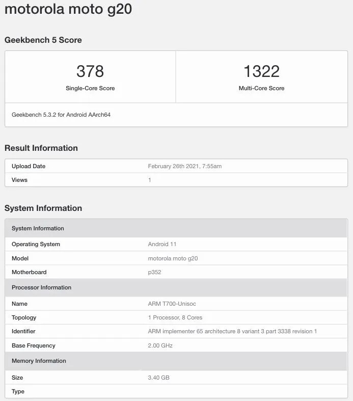 Moto G20 Geekbench