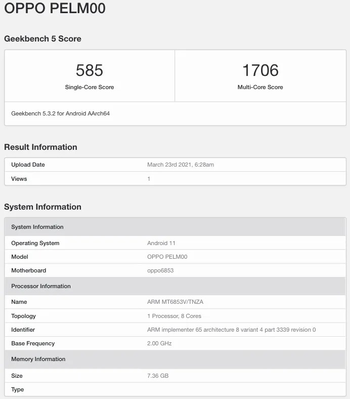 Oppo Reno5 Lite Pelm00 Geekbench