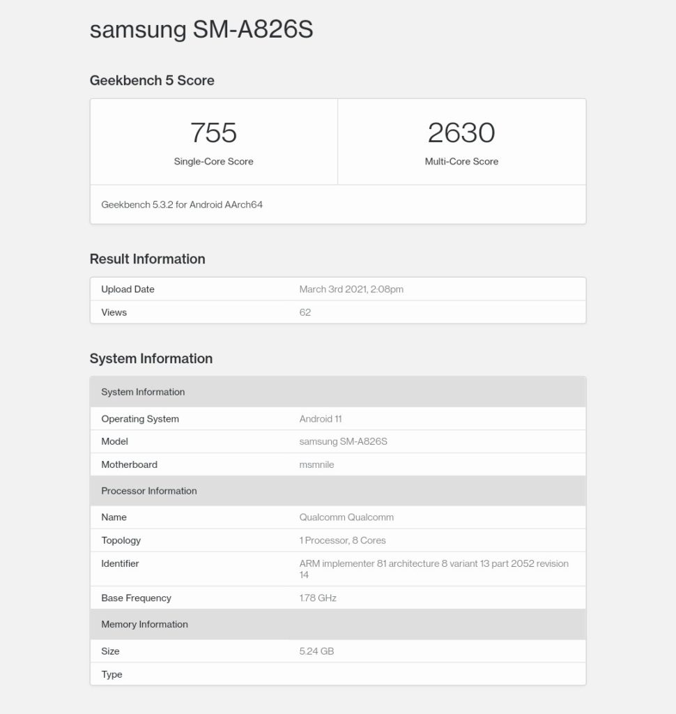 Samsung Galaxy A82 Geekbench