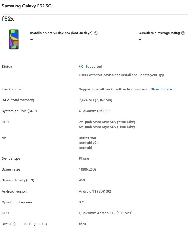 Samsung Galaxy F52 5g Google Play Console