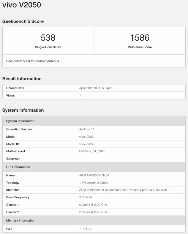 Vivo V21 5g V2050 Geekbench