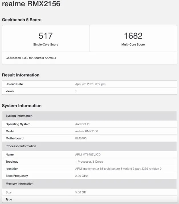 Realme Narzo 30 Geekbench Image