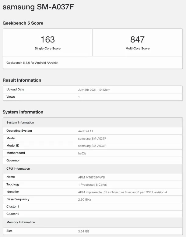 Samsung Galaxy A03s Geekbench Listing