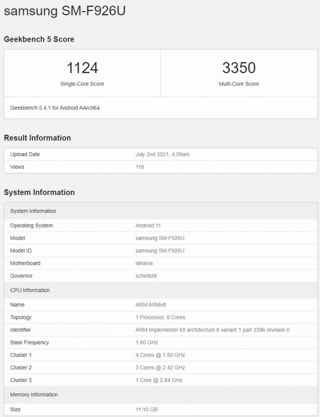 Samsung Galaxy Z Fold 3 Geekbench Listing