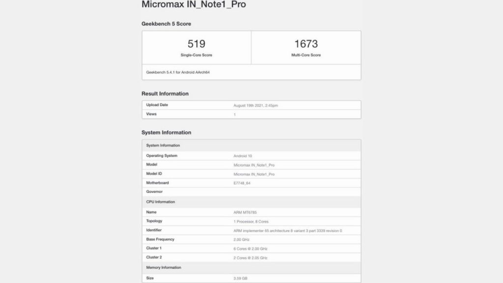 Micromax In Note 1 Pro Geekbench
