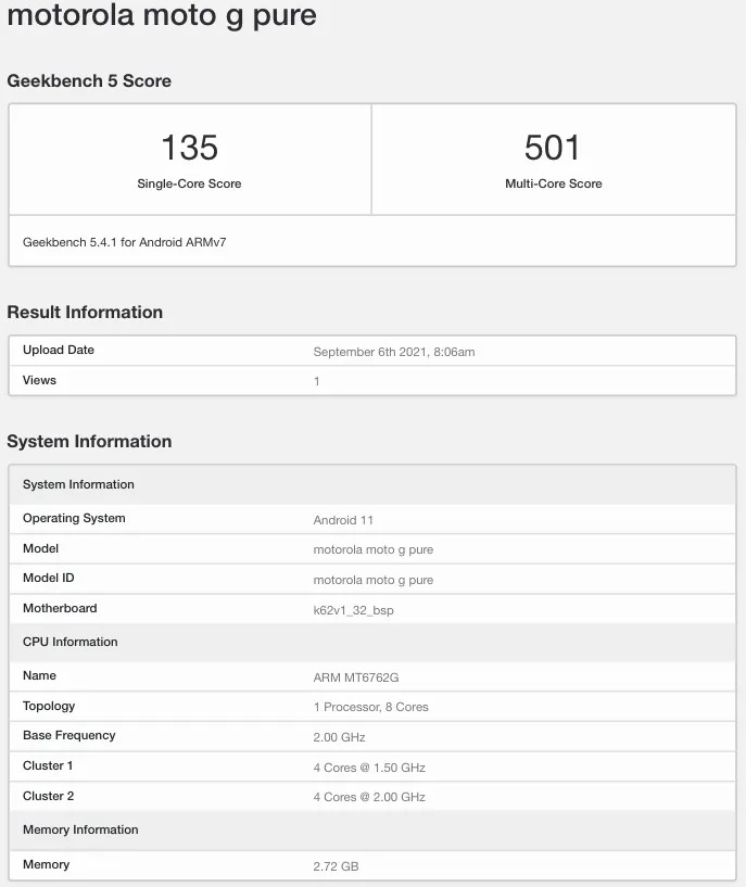 Motorola Moto G Pure Geekbench