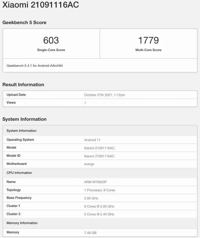 Xiaomi 21091116ac Geekbench