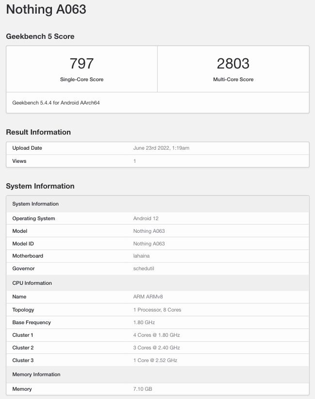 Nothing Phone 1 A063 Geekbench