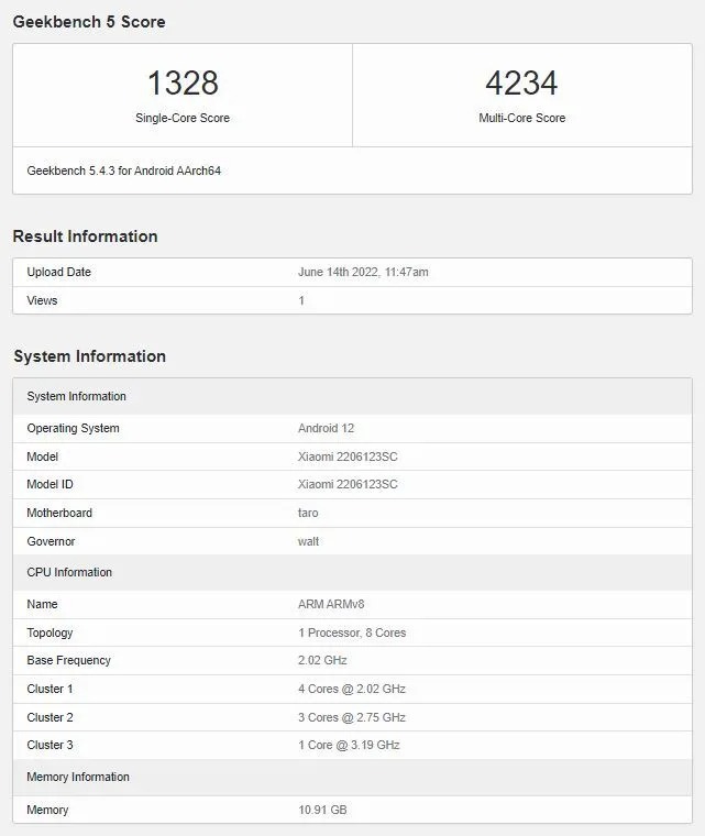 Xiaomi 12s Geekbench