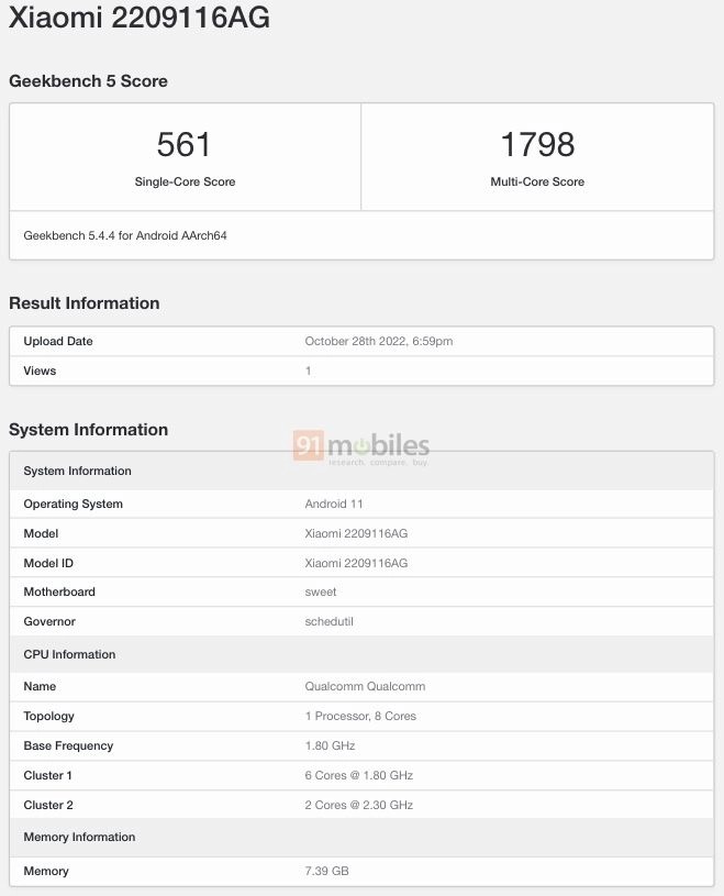 Redmi Note 11 Pro 2023 2209116ag=geekbench